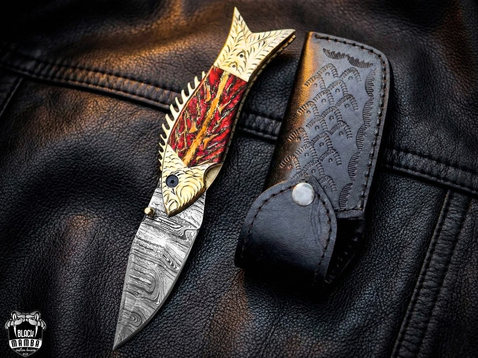 BMK-642 | The Golden Koi | Fish-Shaped Damascus Folding Knife with Engraved Brass Handle - Image 4