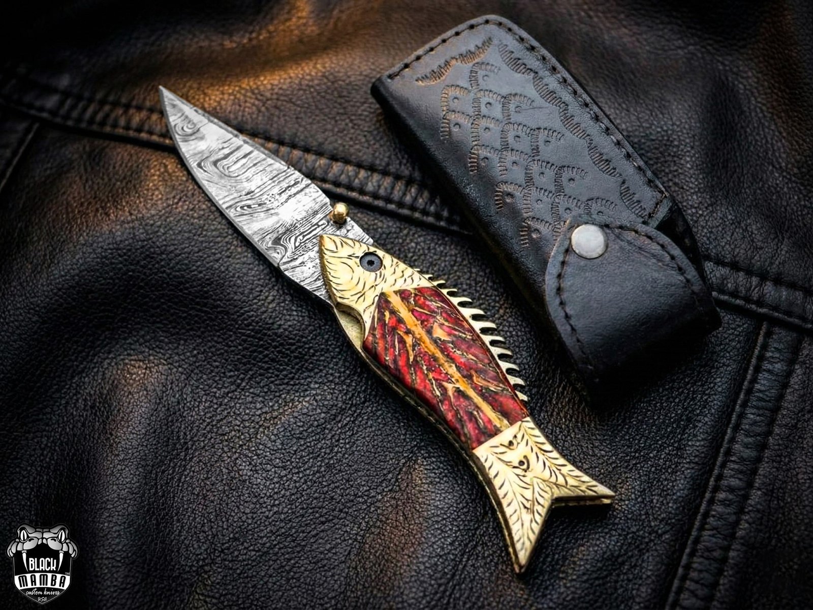 BMK-642 | The Golden Koi | Fish-Shaped Damascus Folding Knife with Engraved Brass Handle - Image 5