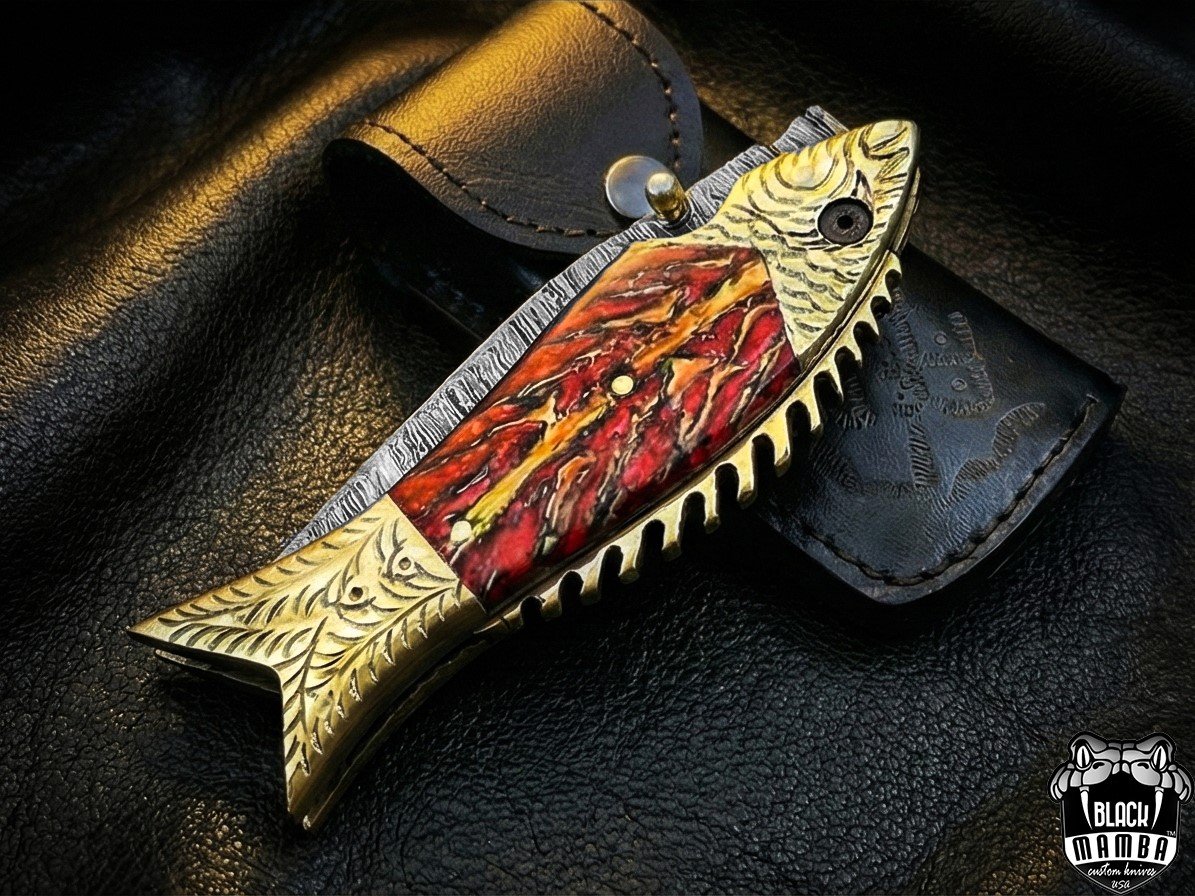 BMK-642 | The Golden Koi | Fish-Shaped Damascus Folding Knife with Engraved Brass Handle - Image 7