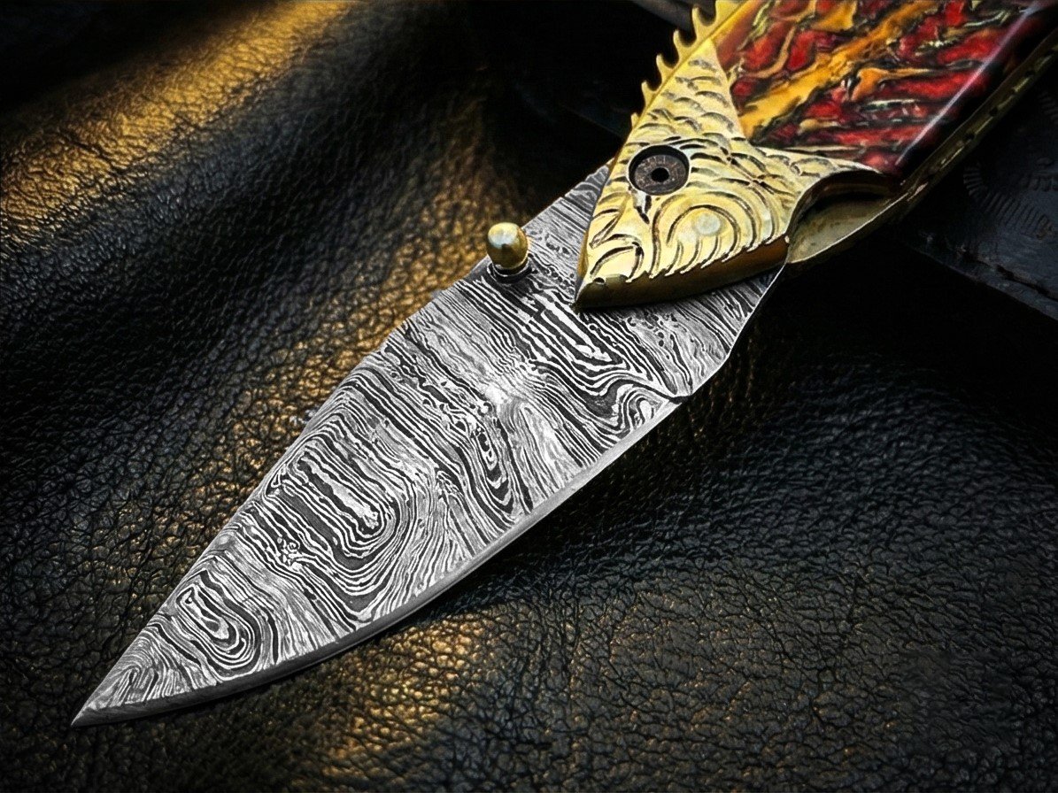 BMK-642 | The Golden Koi | Fish-Shaped Damascus Folding Knife with Engraved Brass Handle - Image 8
