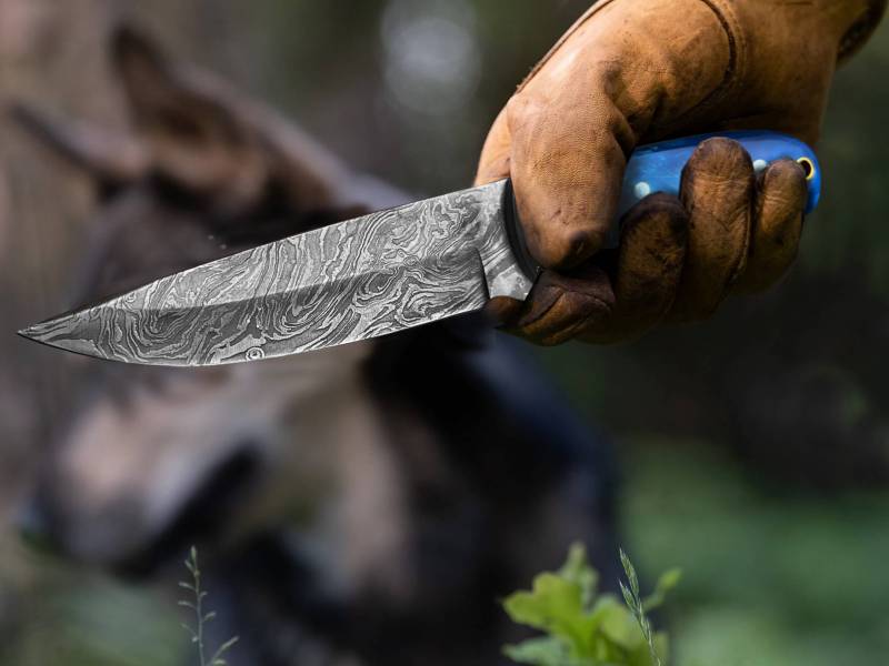 BMK-463 Blue Phantom | Damascus Hunting Knife with Blue Buffalo Bone Handle & Leather Sheath - Image 3