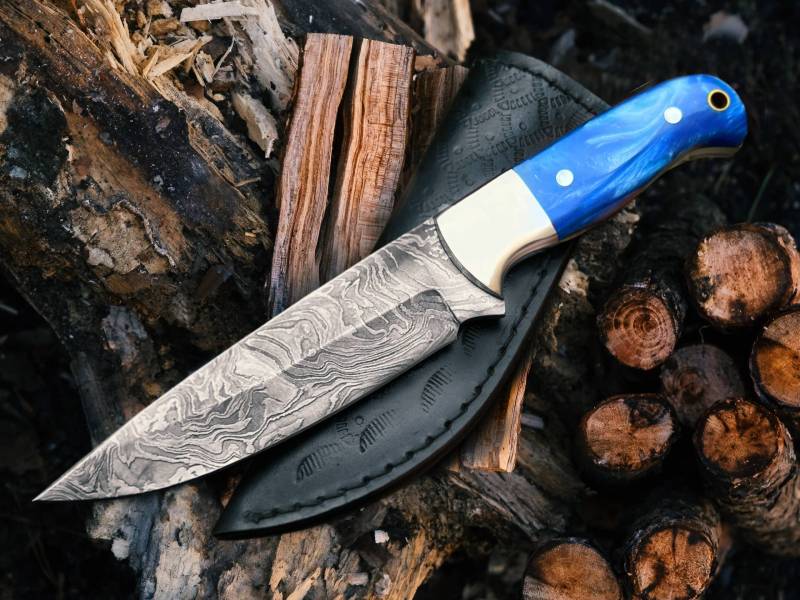 BMK-463 Blue Phantom | Damascus Hunting Knife with Blue Buffalo Bone Handle & Leather Sheath