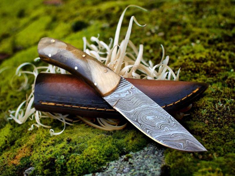 BMK-644 Hornback Skinner | Damascus Small Skinning Knife with Buffalo Horn Handle & Leather Sheath - Image 3