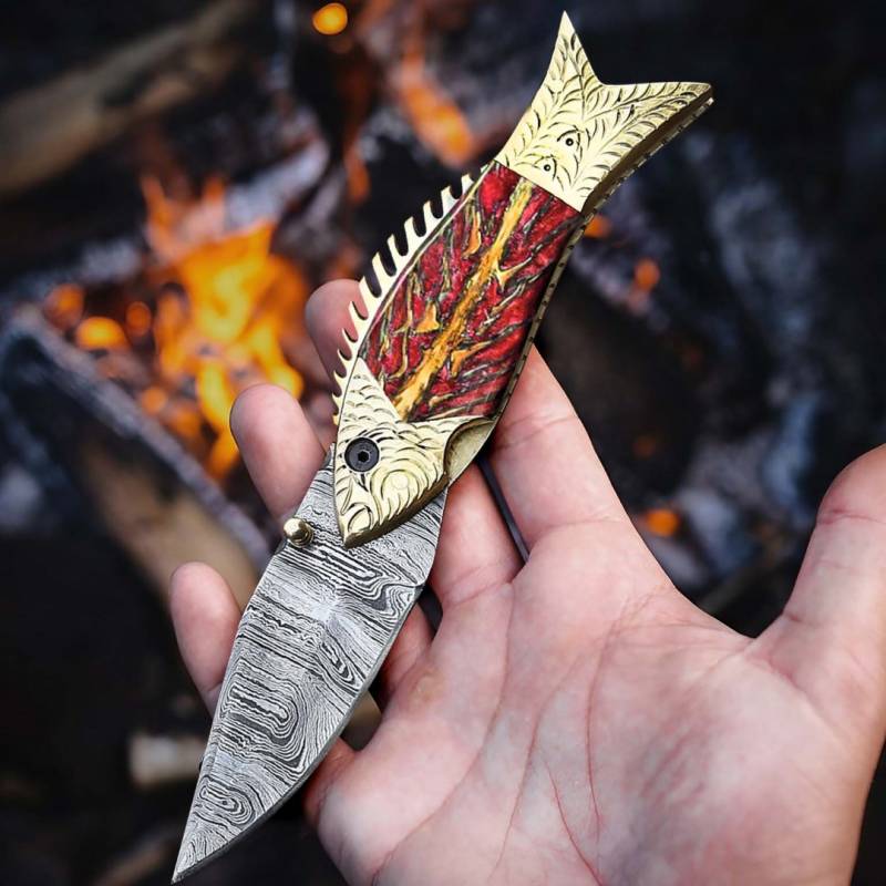 BMK-642 | The Golden Koi | Fish-Shaped Damascus Folding Knife with Engraved Brass Handle - Image 2