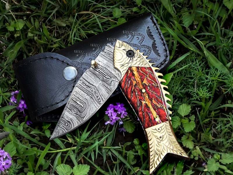 BMK-642 | The Golden Koi | Fish-Shaped Damascus Folding Knife with Engraved Brass Handle - Image 3