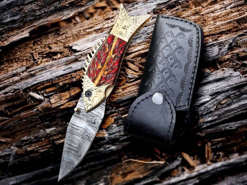 BMK-642 | The Golden Koi | Fish-Shaped Damascus Folding Knife with Engraved Brass Handle - Image 5