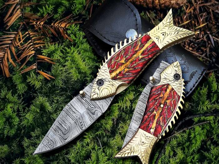 BMK-642 | The Golden Koi | Fish-Shaped Damascus Folding Knife with Engraved Brass Handle