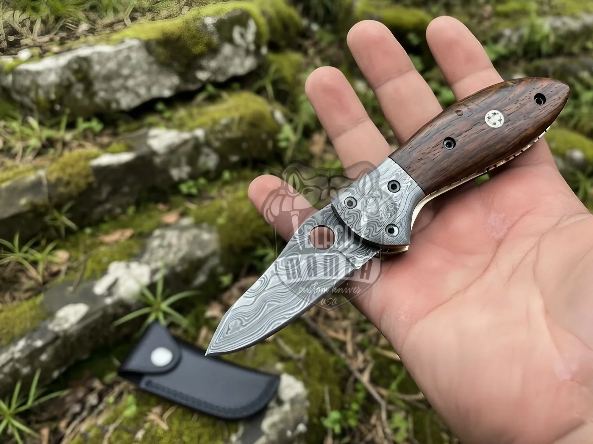 Woodland Whisper Damascus Folding Knife with Leather Sheath| Handmade Pocket Knife for Camping and Hunting | BMK-646 - view 2