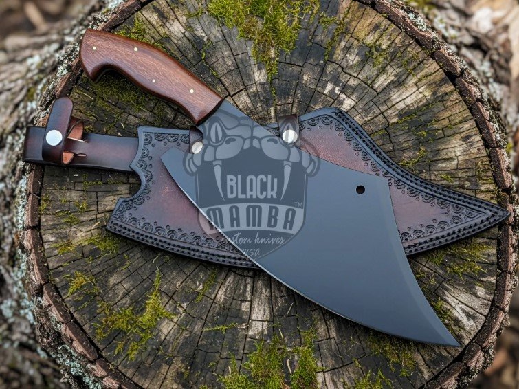BMK-647 Handmade Cleaver Kitchen Knife with Leather Sheath | Carbon Coated Chopper and Chef Knife
