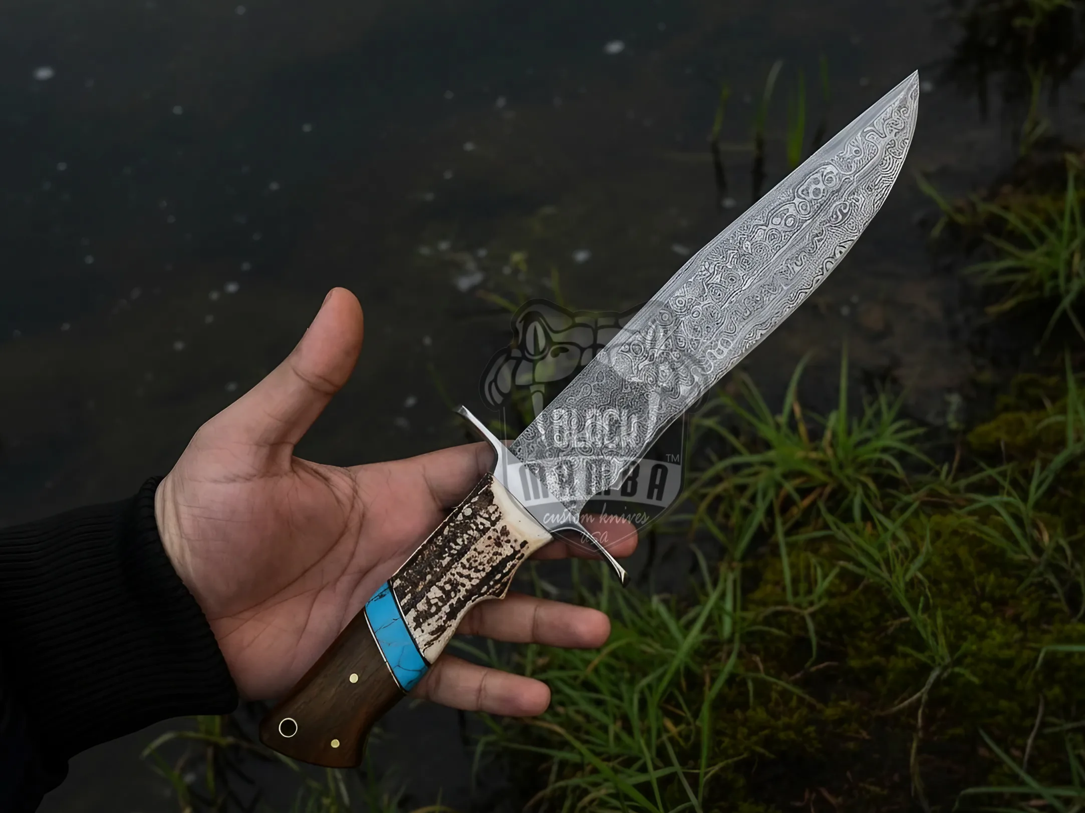 Turquoise Ridge Damascus Hunting Bowie Knife with Stage and Turquoise Handle | Handmade Fixed Blade Knife with Cow Leather Sheath | BMK-645 - view 2
