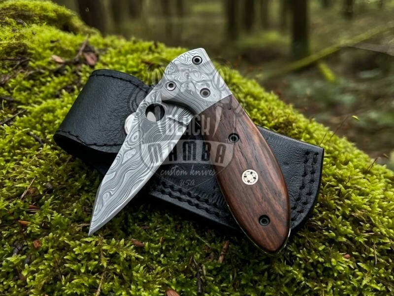BMK-646 Damascus Folding Knife with Leather Sheath| Handmade Pocket Knife for Camping and Hunting