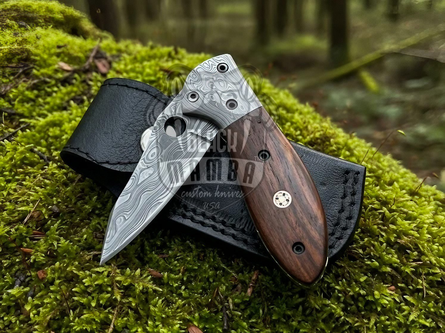 BMK-646 Damascus Folding Knife with Leather Sheath| Handmade Pocket Knife for Camping and Hunting