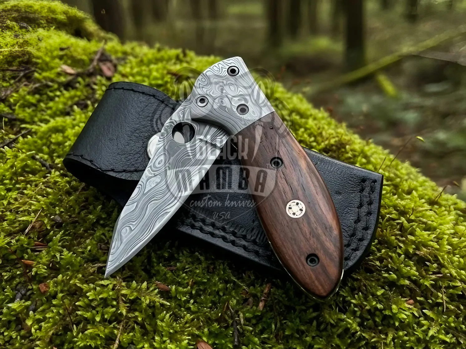 Woodland Whisper Damascus Folding Knife with Leather Sheath| Handmade Pocket Knife for Camping and Hunting | BMK-646