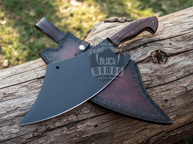 BMK-647 Handmade Cleaver Kitchen Knife with Leather Sheath | Carbon Coated Chopper and Chef Knife - Image 2