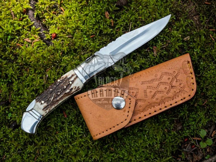 BMK-653 Handmade 440C Steel Pocket Knife with Stage Handle and Leather Sheath | Perfect for Hunting,Camping & Fishing - Image 2