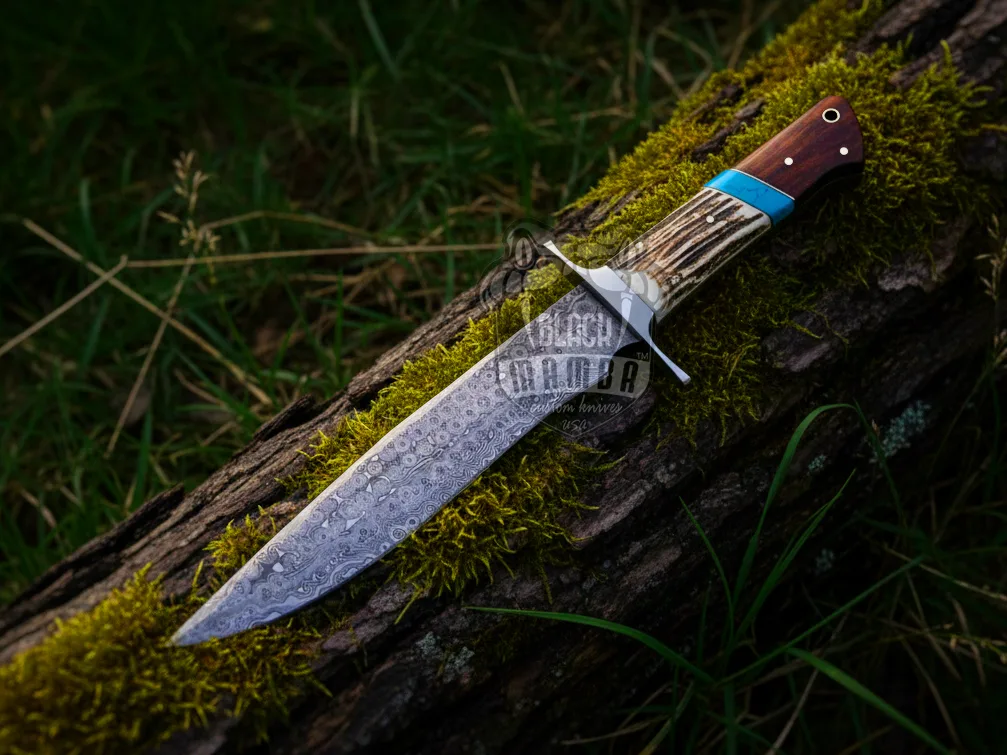 Turquoise Ridge Damascus Hunting Bowie Knife with Stage and Turquoise Handle | Handmade Fixed Blade Knife with Cow Leather Sheath | BMK-645 - view 3
