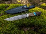 BMK-645 Damascus Hunting Bowie Knife with Stage and Torquoise Handle | Handmade Fixed Blade Knife with Cow Leather Sheath