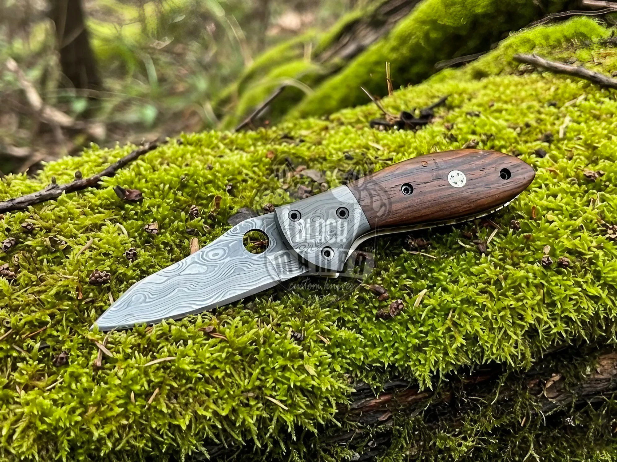 Woodland Whisper Damascus Folding Knife with Leather Sheath| Handmade Pocket Knife for Camping and Hunting | BMK-646 - view 3