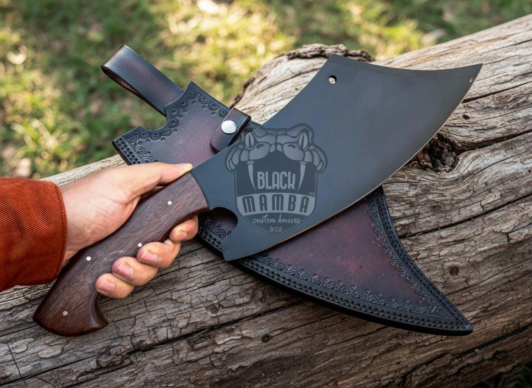 BMK-647 Handmade Cleaver Kitchen Knife with Leather Sheath | Carbon Coated Chopper and Chef Knife - Image 3