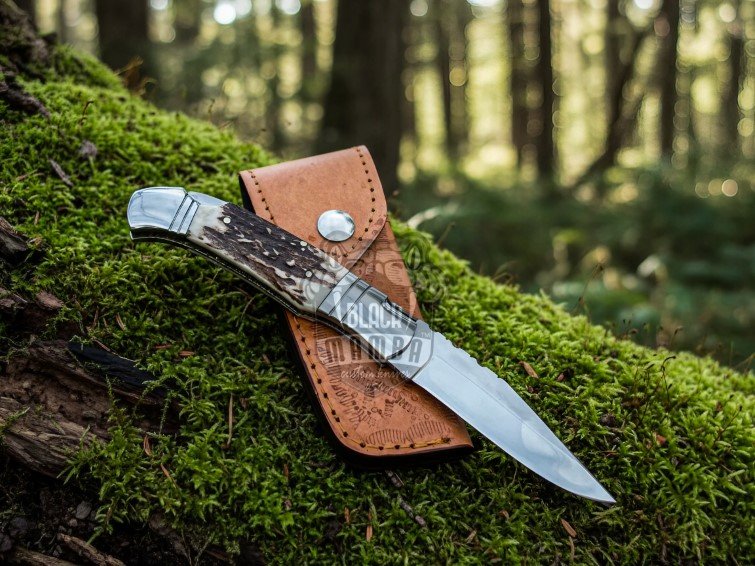 BMK-653 Handmade 440C Steel Pocket Knife with Stage Handle and Leather Sheath | Perfect for Hunting,Camping & Fishing