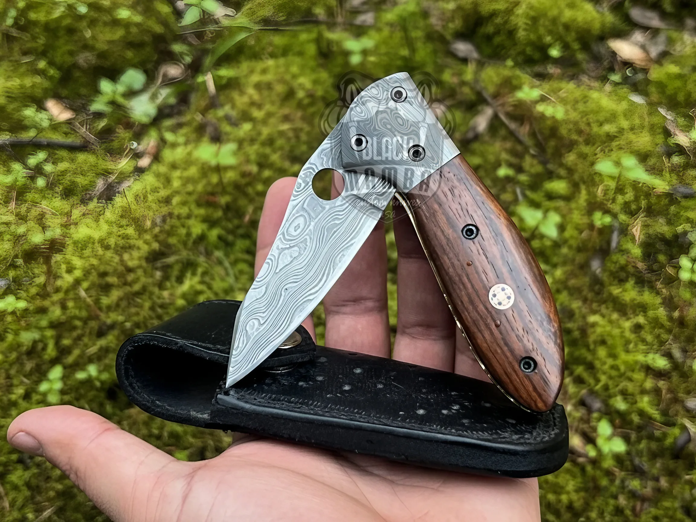 Woodland Whisper Damascus Folding Knife with Leather Sheath| Handmade Pocket Knife for Camping and Hunting | BMK-646 - view 4
