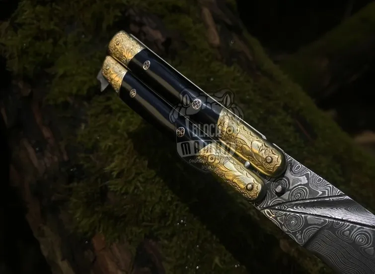 Black Crest Damascus Balisong Butterfly Knife Beautiful Engraved Handle Original Traditional Filipino Butterfly Batanga Knife USA Made | BMK-2015 - view 4