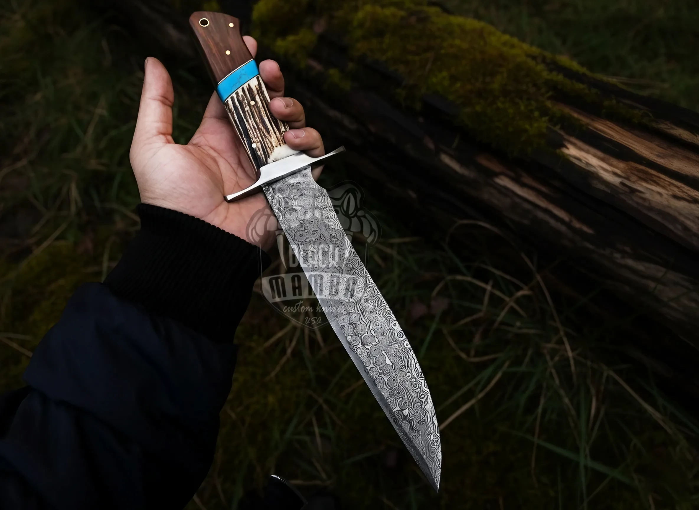 Turquoise Ridge Damascus Hunting Bowie Knife with Stage and Turquoise Handle | Handmade Fixed Blade Knife with Cow Leather Sheath | BMK-645 - view 4