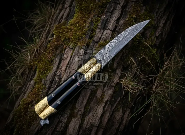 Black Crest Damascus Balisong Butterfly Knife Beautiful Engraved Handle Original Traditional Filipino Butterfly Batanga Knife USA Made | BMK-2015 - view 5