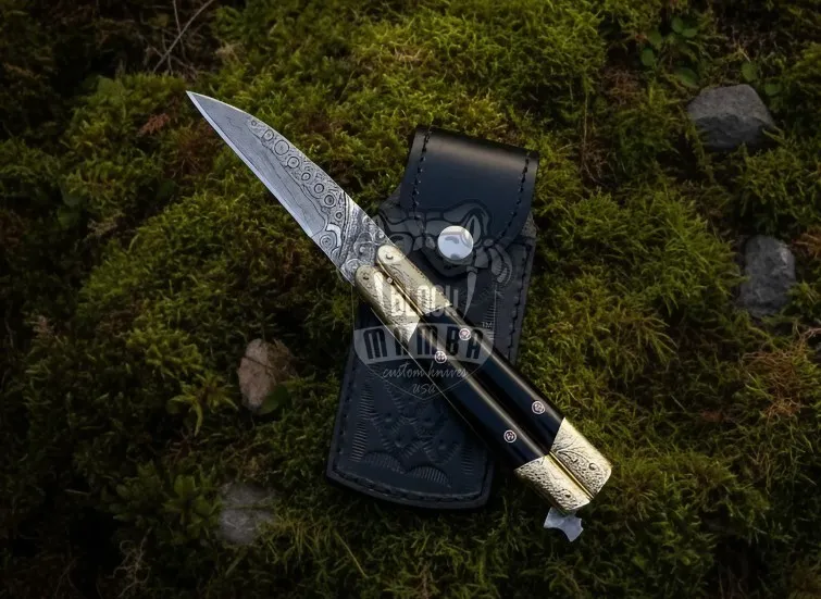 Black Crest Damascus Balisong Butterfly Knife Beautiful Engraved Handle Original Traditional Filipino Butterfly Batanga Knife USA Made | BMK-2015 - view 6