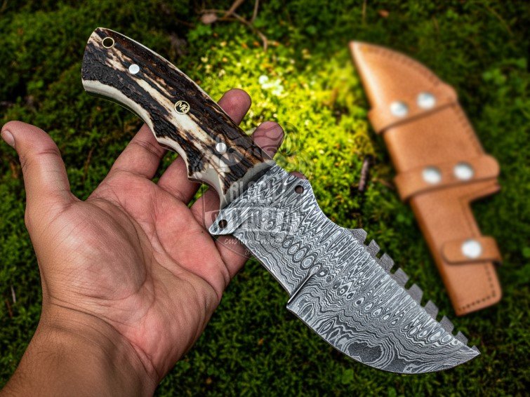 BMK-652 Custom Handmade Damascus Tracker Beautiful Knife with Stage Handle with Leather Sheath Camping Knife & Hunting Knife - Image 2