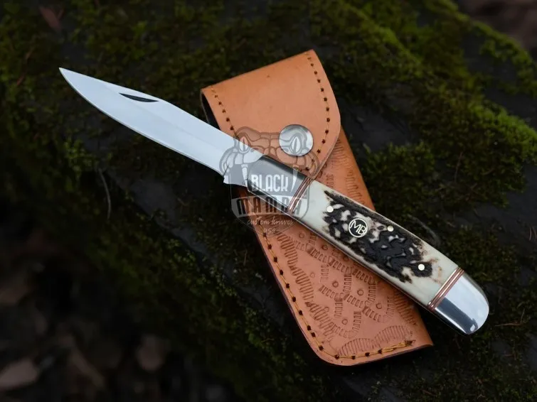 Stag Crest Handmade 440C Steel Pocket Knife with Stage Handle and Leather Sheath | Perfect for Hunting, Camping & Fishing | BMK-654