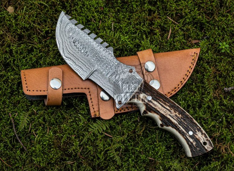 BMK-652 Custom Handmade Damascus Tracker Beautiful Knife with Stage Handle with Leather Sheath Camping Knife & Hunting Knife - Image 3
