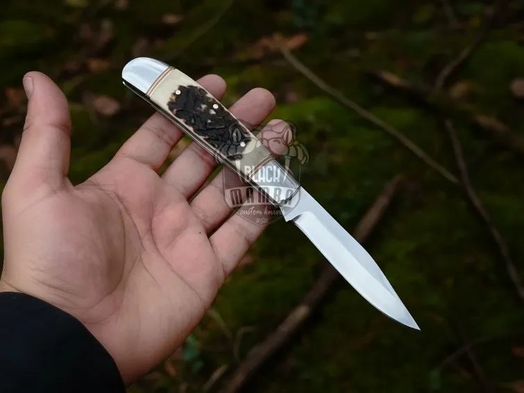 Stag Crest Handmade 440C Steel Pocket Knife with Stage Handle and Leather Sheath | Perfect for Hunting, Camping & Fishing | BMK-654 - view 2