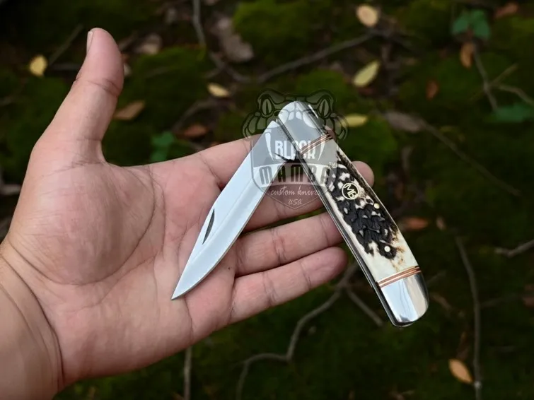 Stag Crest Handmade 440C Steel Pocket Knife with Stage Handle and Leather Sheath | Perfect for Hunting, Camping & Fishing | BMK-654 - view 3