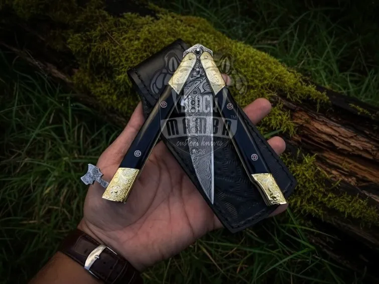Black Crest Damascus Balisong Butterfly Knife Beautiful Engraved Handle Original Traditional Filipino Butterfly Batanga Knife USA Made | BMK-2015