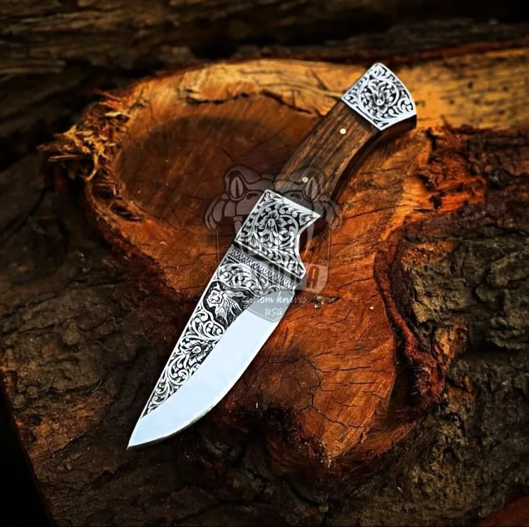 Royal Acanthus Hunter Handmade Stainless Steel Engraved Rose Wood Handle with | Engraved Steel Bolster | & Leather Sheath | BMK-670 - view 3