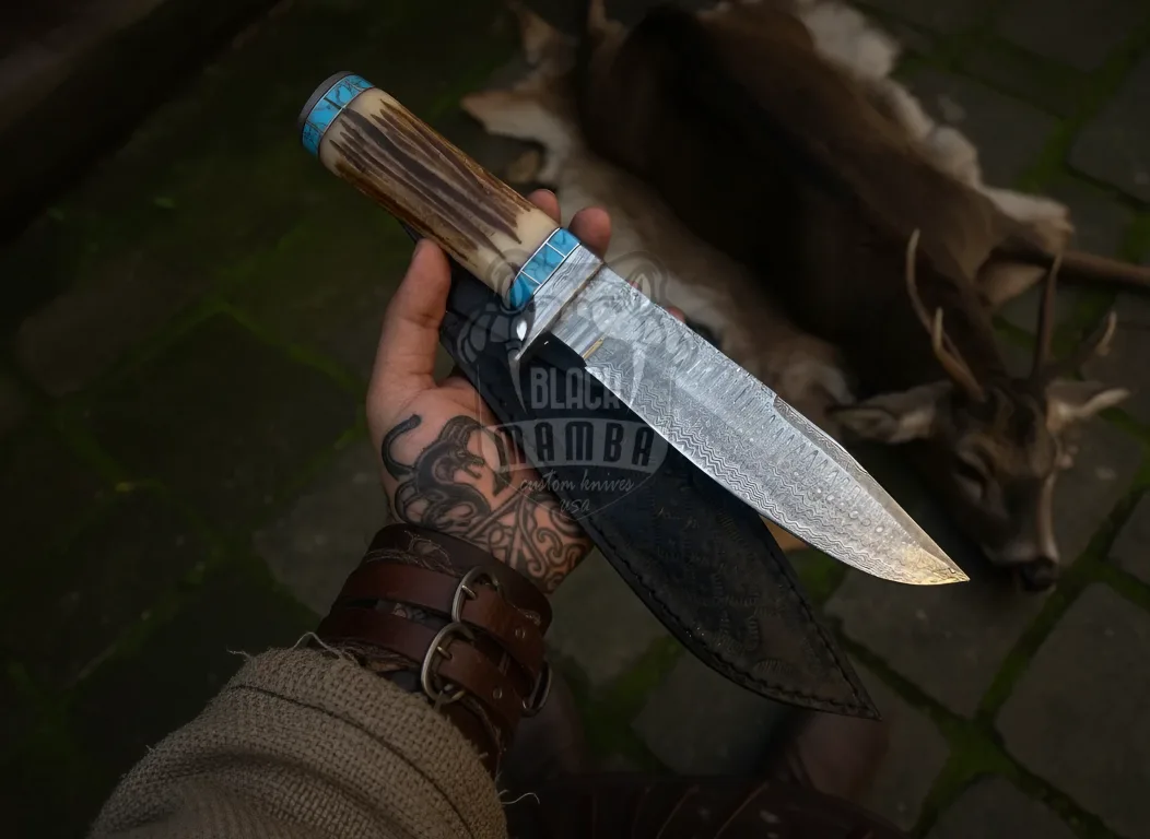 Nordic Stag Damascus Hunter Damascus Blade Hunting Bowie Knife with Turquoise and Stag Handle | Handmade Camping Bowie | Personalized Gift | BMK-1045