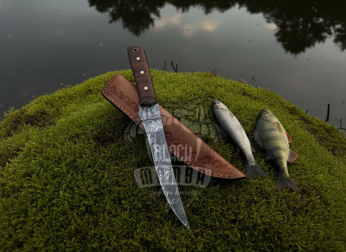 BMK-566 Damascus Fish Fillet knife with leather Sheath | fishing knife for Camping and Hunting