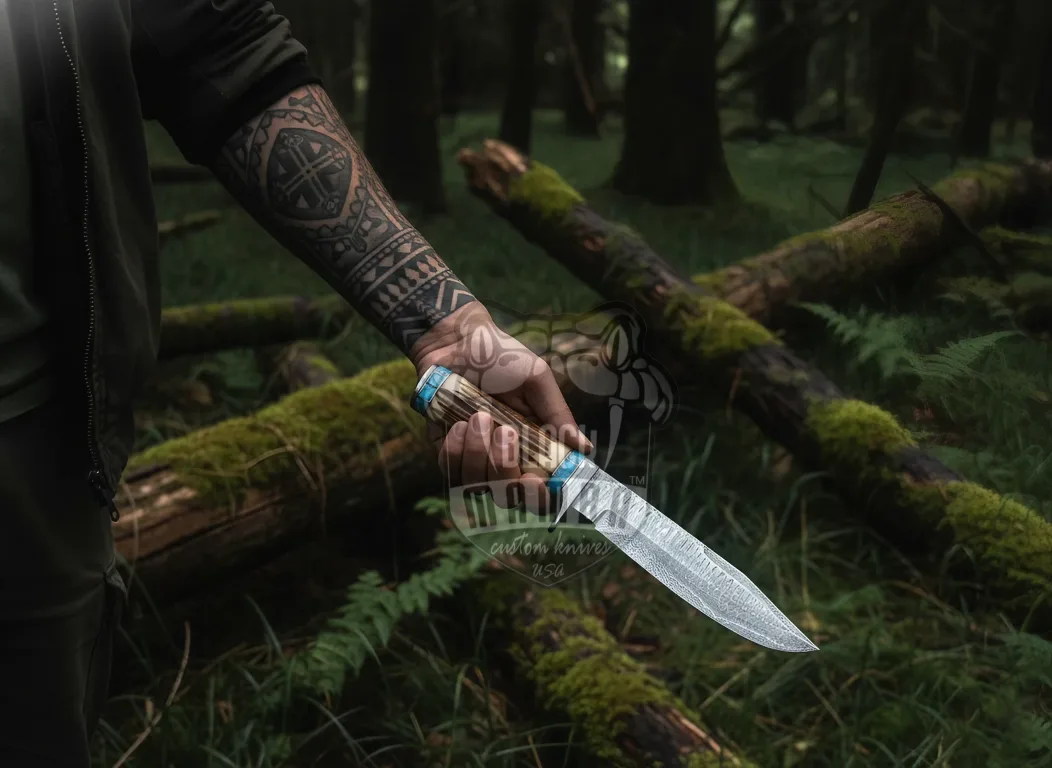 Nordic Stag Damascus Hunter Damascus Blade Hunting Bowie Knife with Turquoise and Stag Handle | Handmade Camping Bowie | Personalized Gift | BMK-1045 - view 4