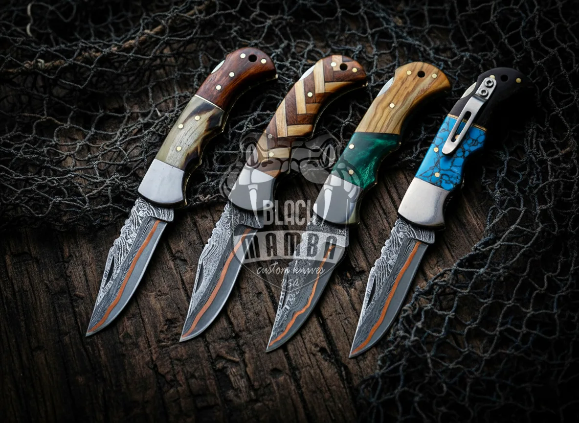 BMK Shadow Horn Copper - Damascus Folding Pocket Knife, 6.5″ Overall, Stag Handle