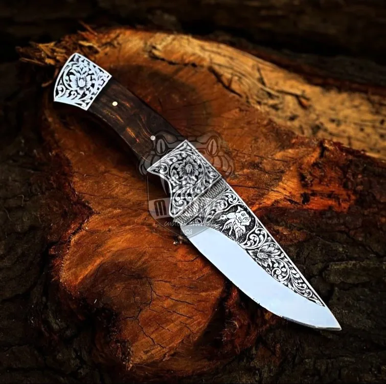 Royal Acanthus Hunter Handmade Stainless Steel Engraved Rose Wood Handle with | Engraved Steel Bolster | & Leather Sheath | BMK-670 - view 4