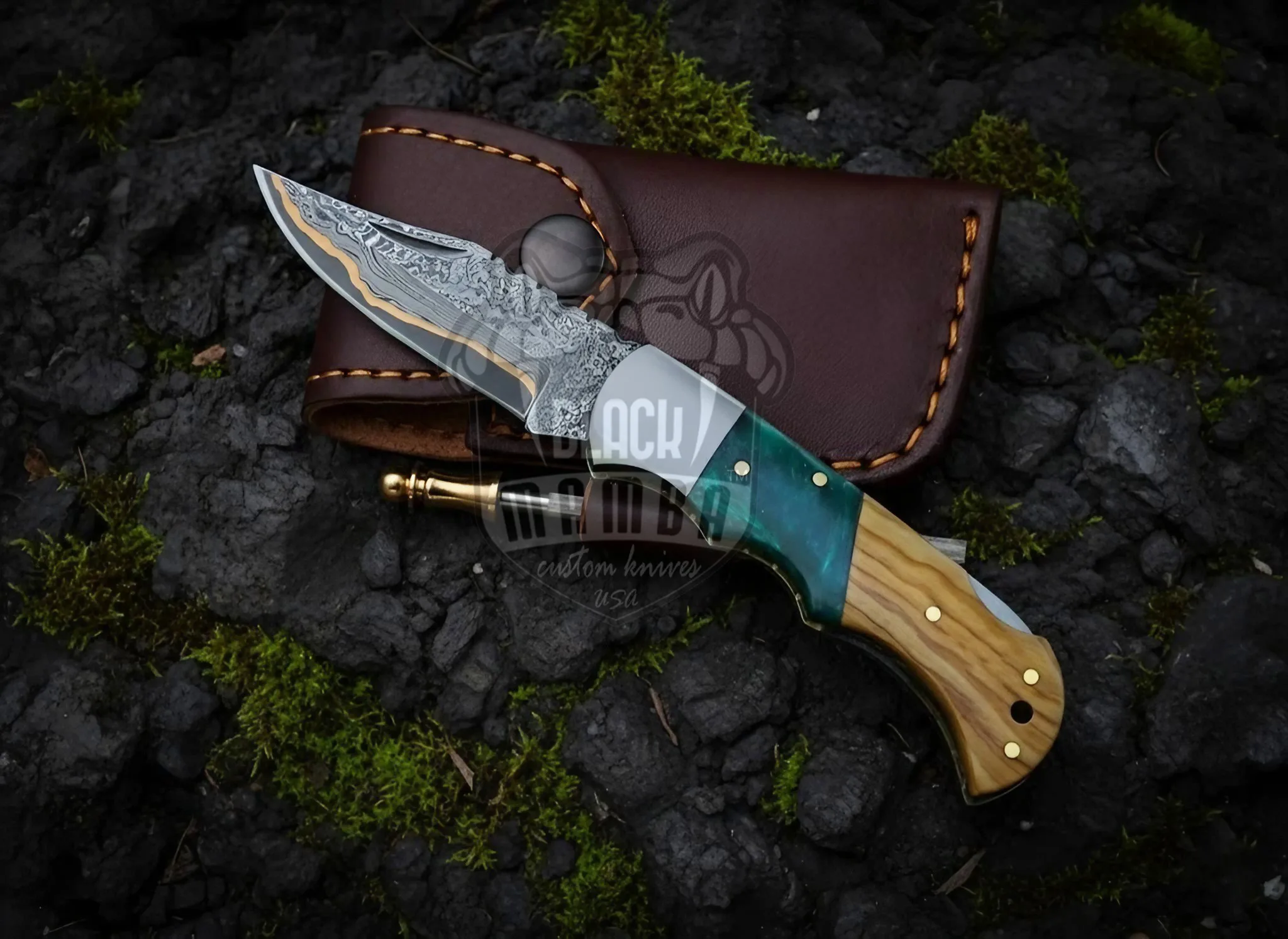 BMK Shadow Horn Copper - Damascus Folding Pocket Knife, 6.5″ Overall, Stag Handle - view 4