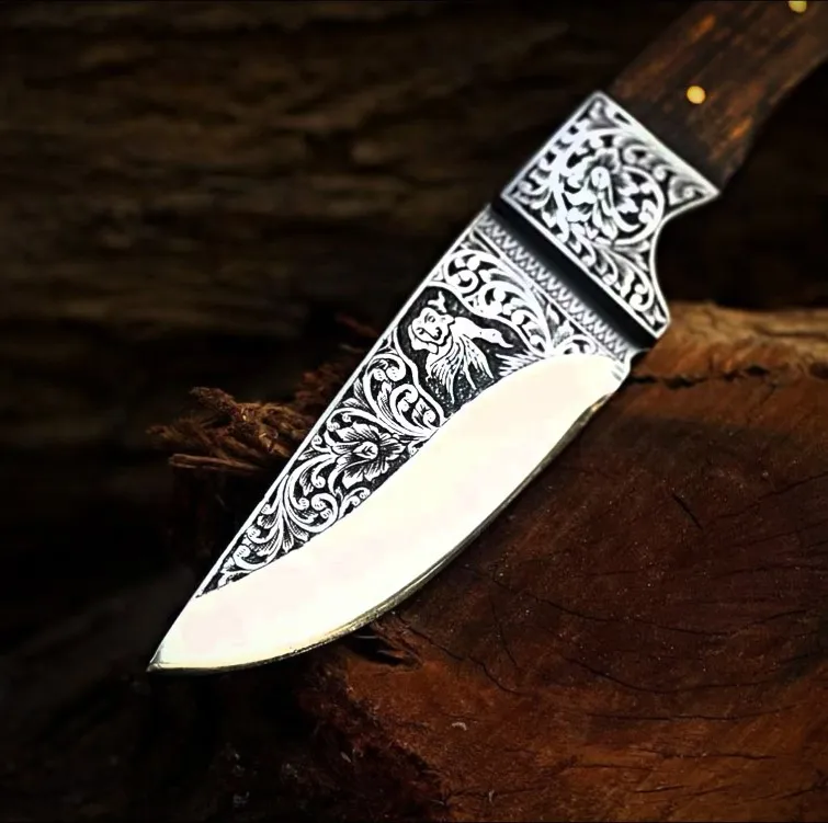Royal Acanthus Hunter Handmade Stainless Steel Engraved Rose Wood Handle with | Engraved Steel Bolster | & Leather Sheath | BMK-670 - view 2