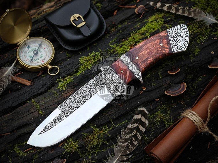 BMK-665 Explorer's Legacy Blade Handmade Stainless Steel Hand Engraved with |Rose Wood Handle|Steel Engraved Bolster & Leather Sheath Hunting , Camping Knife - Image 3