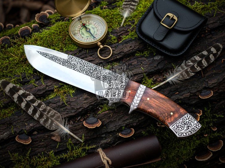 BMK-665 Explorer's Legacy Blade Handmade Stainless Steel Hand Engraved with |Rose Wood Handle|Steel Engraved Bolster & Leather Sheath Hunting , Camping Knife - Image 4