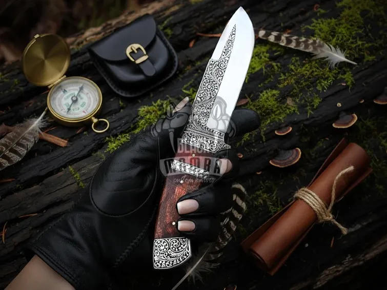 Explorer’s Legacy Blade Handmade Stainless Steel Hand Engraved with |Rose Wood Handle|Steel Engraved Bolster & Leather Sheath Hunting, Camping Knife | BMK-665