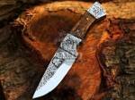 BMK-670 Royal Acanthus Hunter Handmade Stainless Steel Engarved Rose Wood Handle with | Engraved Steel Bolster | & Leather Sheath