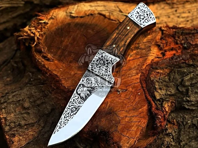 Royal Acanthus Hunter Handmade Stainless Steel Engraved Rose Wood Handle with | Engraved Steel Bolster | & Leather Sheath | BMK-670