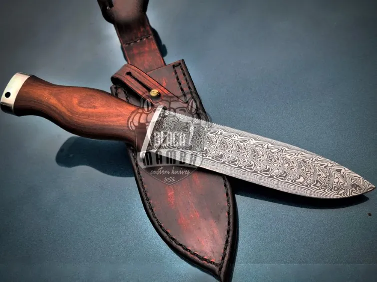 Black Mamba Wildwood Warden Handmade Damascus Steel with |Rose Wood Handle|Steel Bolster & Leather Sheath | Hunting, Camping Outdoor Knife | BMK-666 - view 2