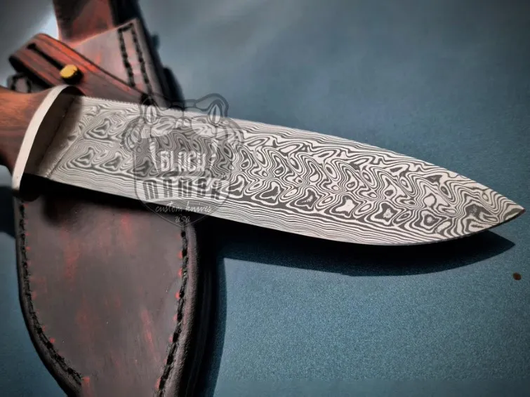 Black Mamba Wildwood Warden Handmade Damascus Steel with |Rose Wood Handle|Steel Bolster & Leather Sheath | Hunting, Camping Outdoor Knife | BMK-666 - view 3